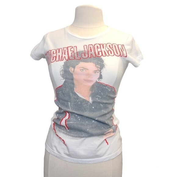 VTG 2009 Unique Michael Jackson Cool Graphic Texture Short Sleeve Tee Womens S - Picture 1 of 8